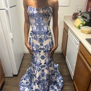 Terani Couture Blue and White Strapless Gown for Prom